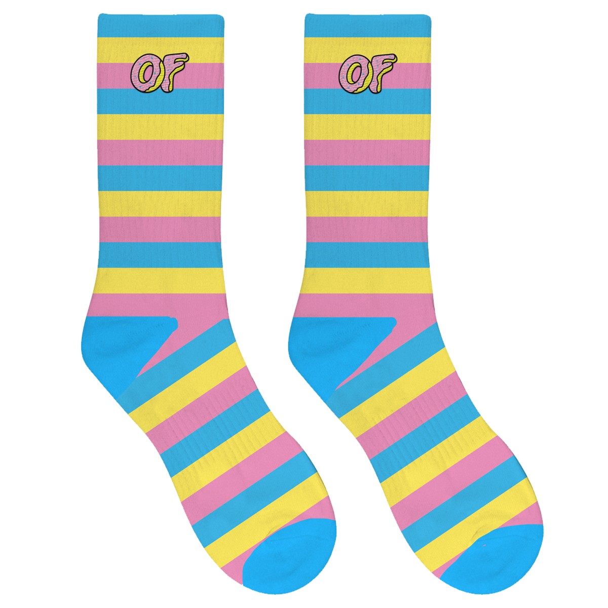 OF Logo Embroidered Socks - Blue/Yellow/Pink Stripe-Odd Future